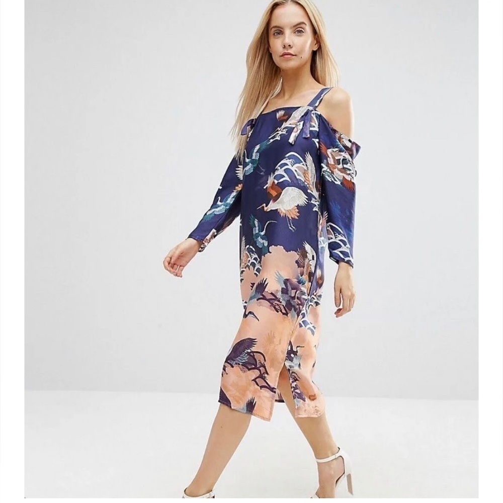 ASOS cold shoulder bird and floral long dress women’s size 2 Japan crane print
